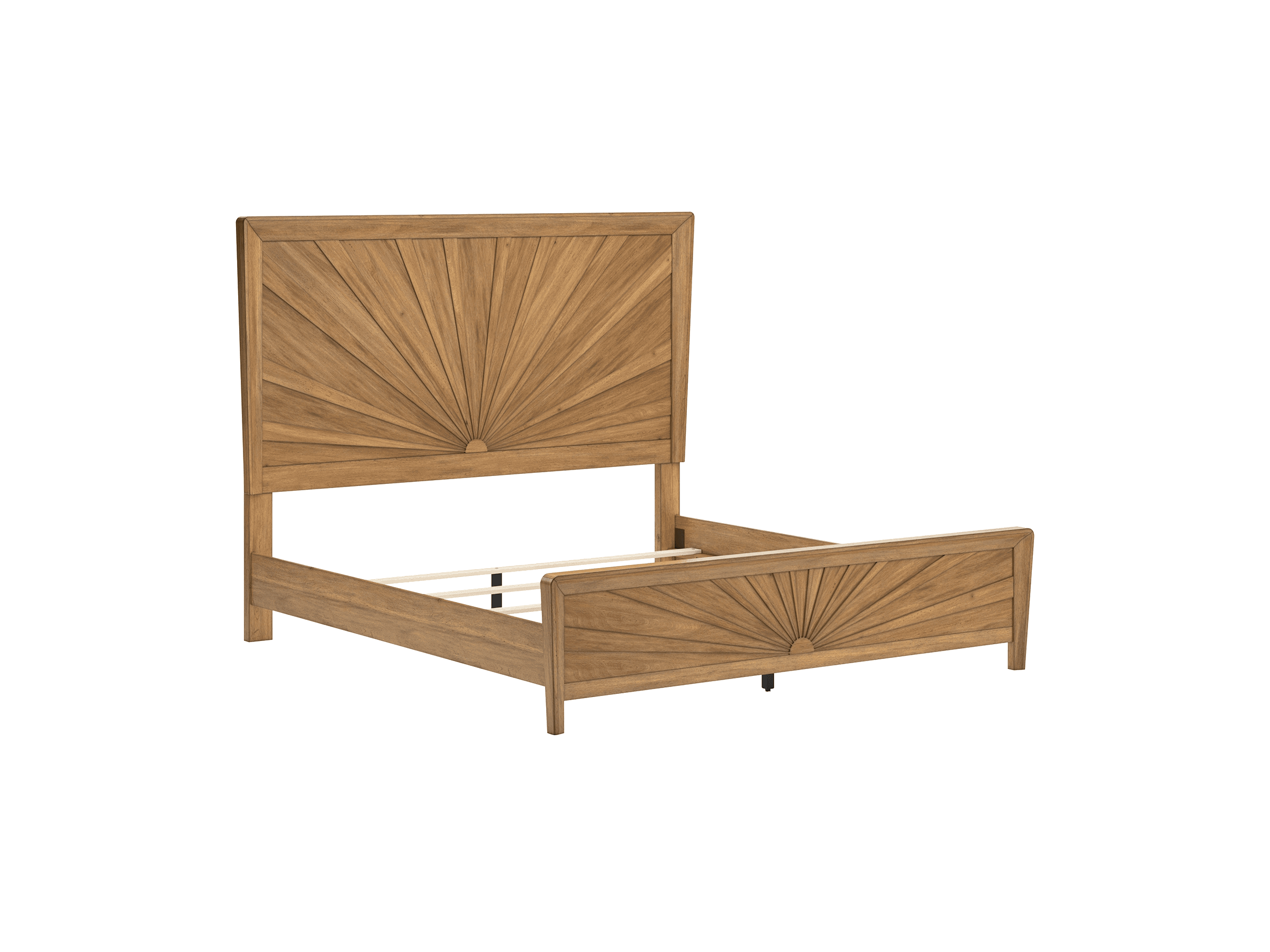 A wooden bed frame with a headboard and footboard featuring a sunburst carved design. The headboard is rectangular with a curved top edge, and the footboard has a lower profile with a similar sunburst motif. The frame is supported by four legs and includes a slatted mattress support system. — 3D model