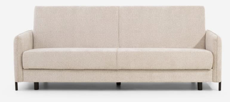 A modern and minimalist sofa bed featuring light beige fabric upholstery, clean lines, and a low-profile design. It is equipped with two separate seat cushions and two back cushions, resting on short, dark, cylindrical metal legs. The track arms are slender, contributing to its compact and versatile aesthetic, suitable for various contemporary interior settings. — 3D model