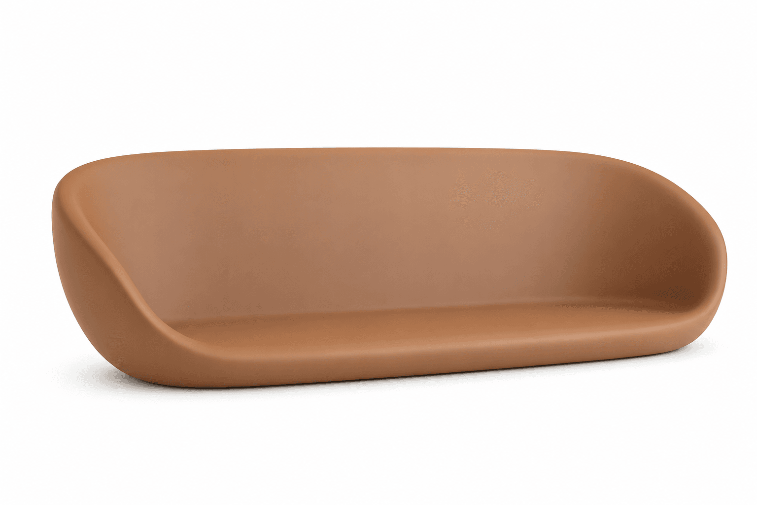 A modern sculptural settee featuring a seamless, organic form with no visible seams or distinct backrest and armrests. The piece has a smooth, matte tan finish, creating a minimalist aesthetic. Its curvilinear design suggests a comfortable yet contemporary seating option. — 3D model