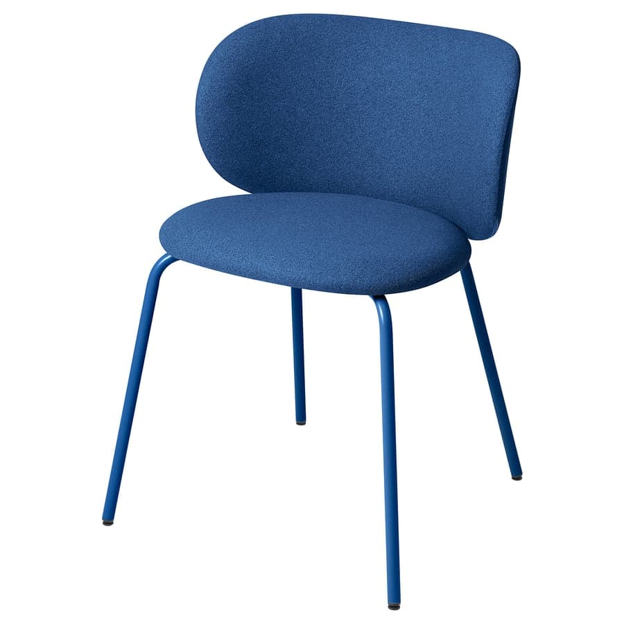 A single armless chair featuring a curvilinear upholstered backrest and seat, supported by four slender metal legs. The entire chair, including the frame, is a uniform deep blue. The fabric appears to be a textured weave. — 3D model