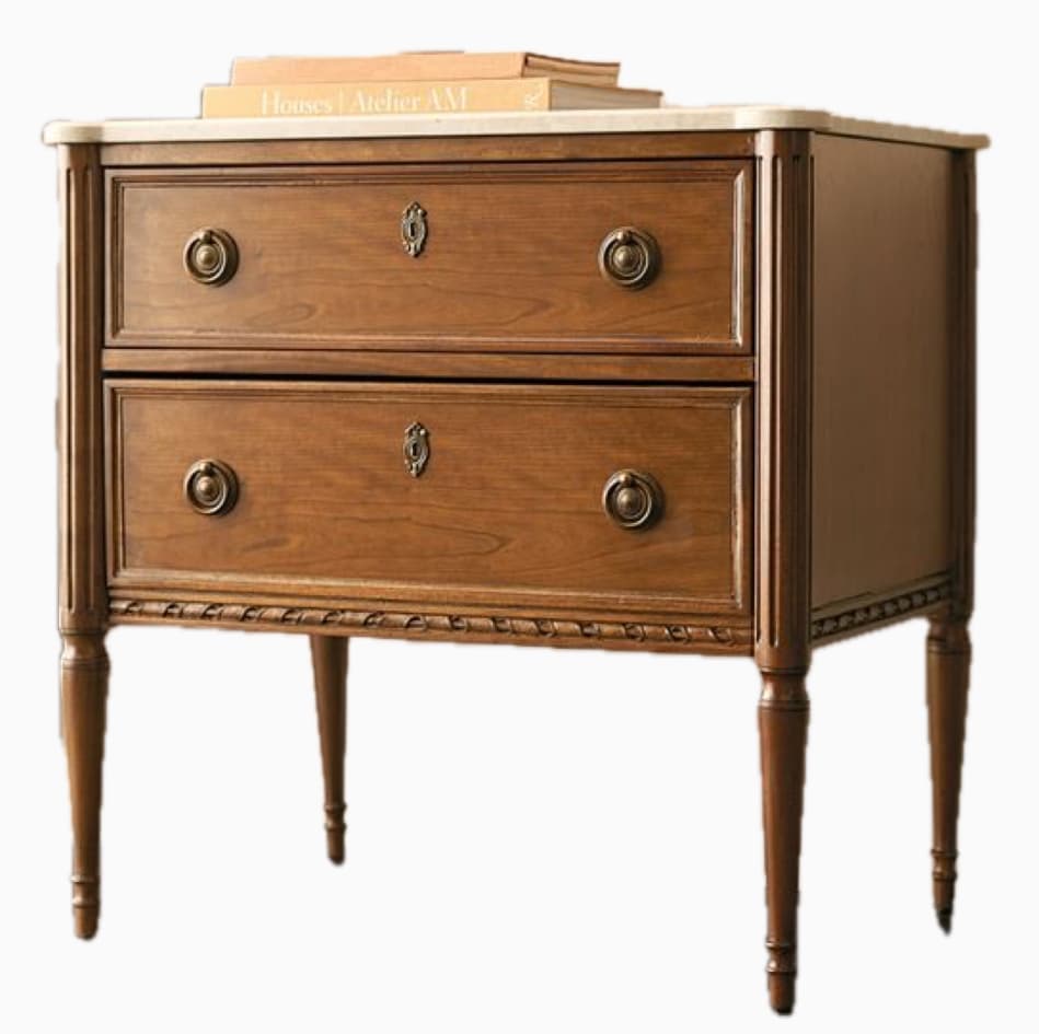 A two-drawer wooden dresser with a marble top. The dresser features ornate brass drawer pulls and keyhole escutcheons. The wood has a polished, warm brown finish. The legs are tapered and turned, and there is decorative carving along the bottom apron. — 3D model