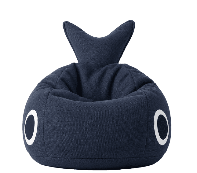 A dark navy blue bean bag chair designed to resemble a shark, featuring circular white and black eye graphics on its sides and a distinctive dorsal fin-like element on its upper back. The chair is made from a textured, durable fabric. — 3D model