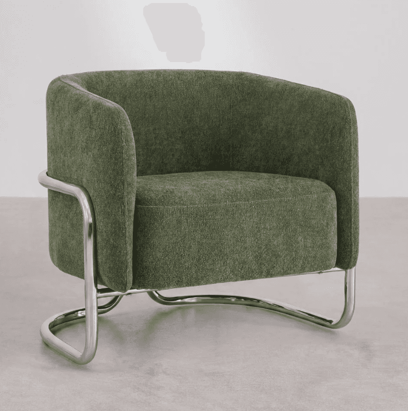 A contemporary lounge chair featuring a deep green upholstered seat and back, supported by a distinc… — 3D model