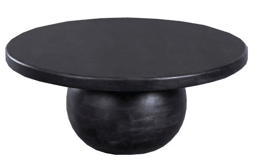 A round coffee table with a single pedestal base. The table has a dark, matte finish and appears to be constructed from a solid material. The base is spherical in shape and has a visible texture suggestive of wood grain or layered material. — 3D model