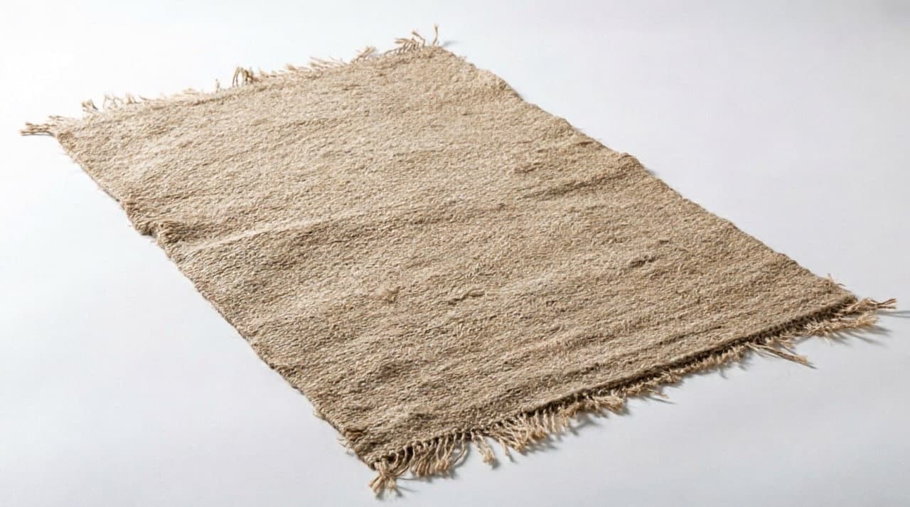 A rectangular rug made of woven fibers, featuring a textured surface and tasseled edges. The weave appears to be coarse and somewhat irregular, giving it a rustic or natural aesthetic. The color is a neutral, earthy tone. — 3D model