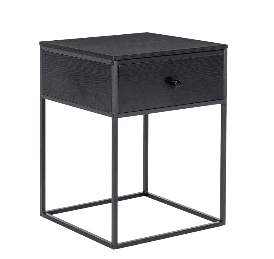 A square nightstand featuring a single drawer and an open, square-profile metal base. The top surfac… — 3D model