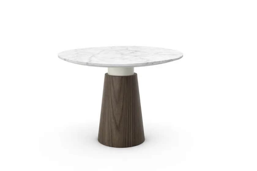 A modern accent table featuring a round white marble top with visible gray veining. The tabletop res… — 3D model