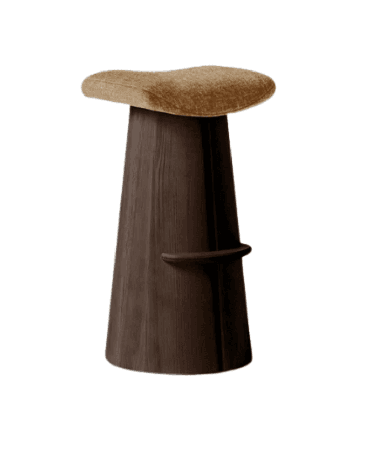 A bar stool with a contoured, upholstered seat and a solid, tapered wooden base. The base features a subtle horizontal footrest. The wood grain is visible and has a dark brown finish. — 3D model