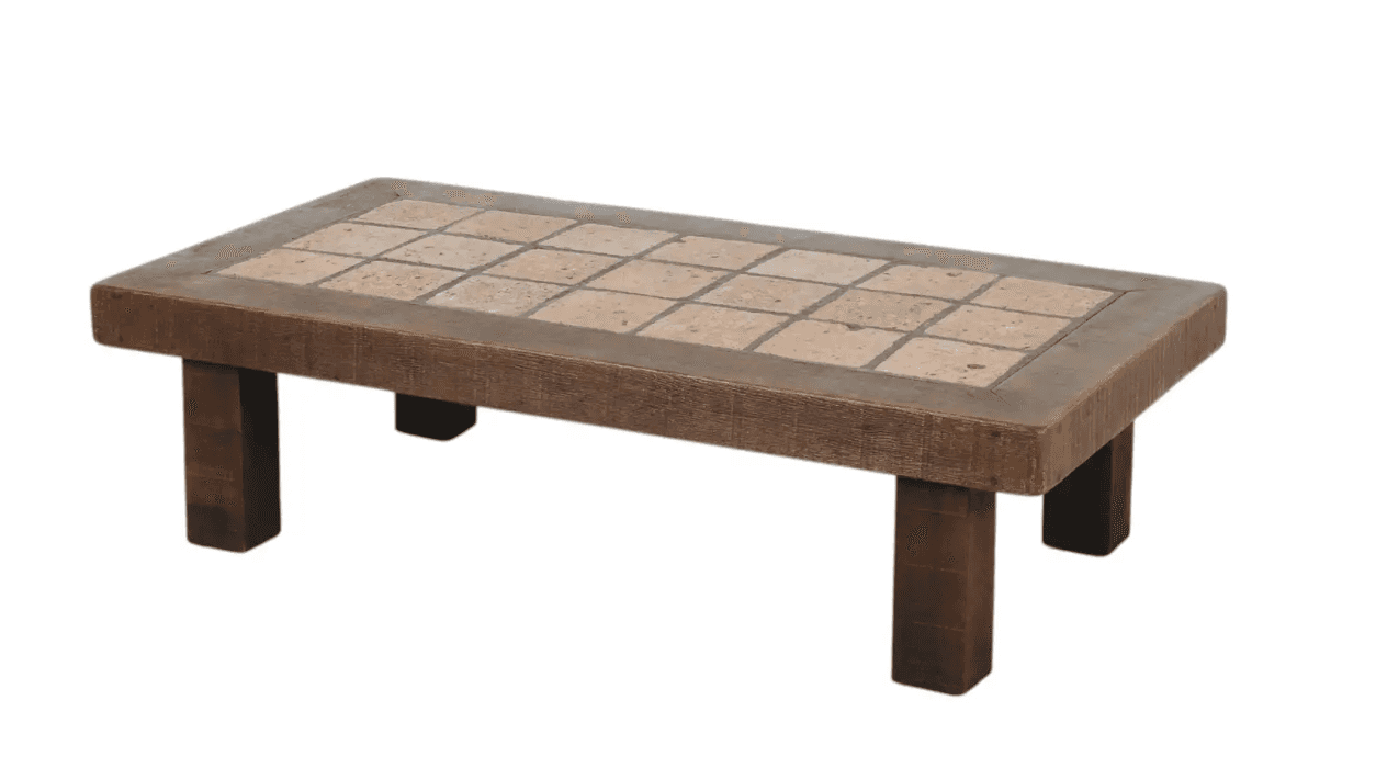 A low, rectangular coffee table featuring a top inlaid with square, light-toned ceramic or natural s… — 3D model