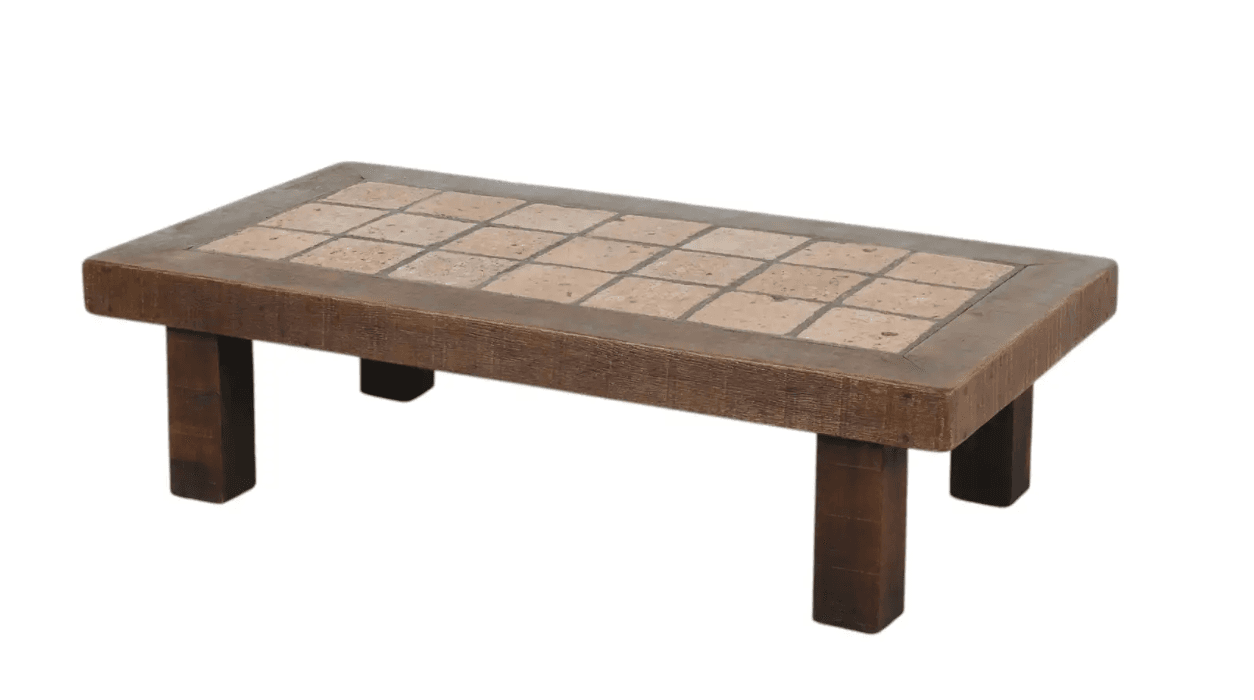 A low, rectangular coffee table featuring a top inlaid with square, light-toned ceramic or natural stone tiles, set within a substantial dark, roughly textured wooden frame and supported by four thick, rectangular wooden legs. — 3D model