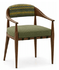 A mid-century style armchair featuring a rich wooden frame, a green upholstered seat, and a distinctively patterned fabric backrest. The frame has gracefully curved armrests that extend from the top of the back support, meeting tapered legs. The seat cushion is thick and the backrest is a smaller, separate piece with a vibrant, geometric pattern. — 3D model
