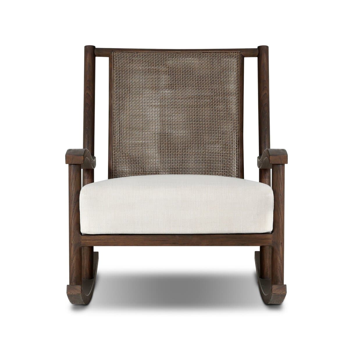A rocking chair with a dark wood frame and woven cane back. The seat is upholstered in a white fabric. The chair has a classic rocking chair design with curved runners. — 3D model