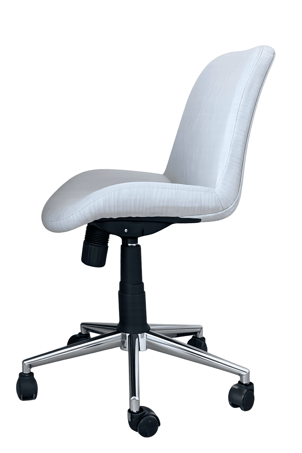 An armless office chair featuring a contoured, upholstered seat and back in a light color, mounted on a central gas lift column with a chrome-finished five-star base equipped with black casters. — 3D model