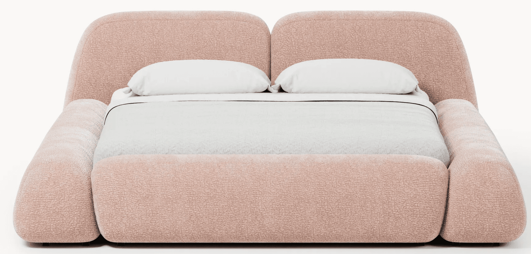 A modern, low-profile bed featuring a completely upholstered frame in a light pink, textured boucle-… — free BLEND 3D model