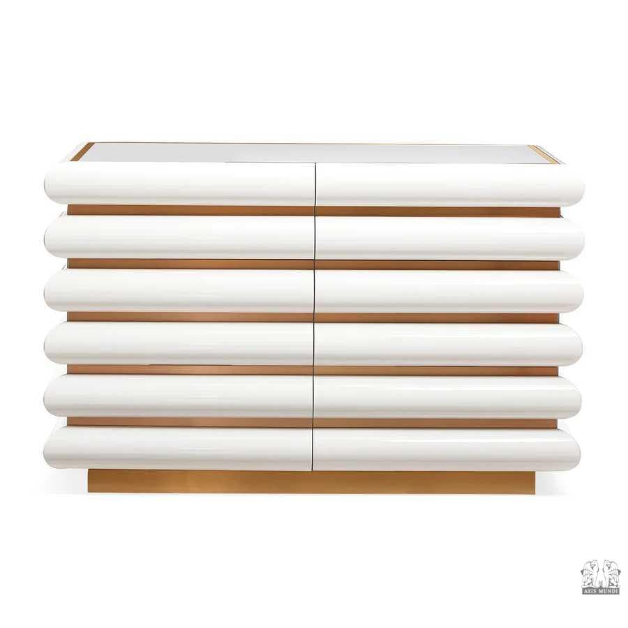 A dresser with a contemporary design, featuring multiple drawers stacked horizontally. The drawer fronts are white and have a rounded, tubular appearance, separated by thin, horizontal bands of a wood-like material. The dresser rests on a flat, wood-toned base. — 3D model