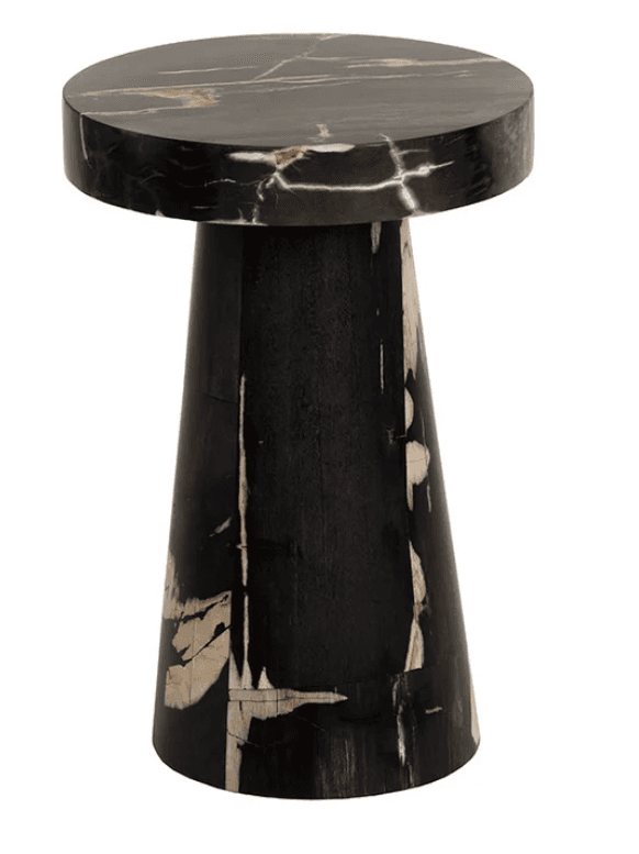 A compact, round-topped table featuring a solid, thick cylindrical top and a tapering conical base. The entire piece is crafted from petrified wood, displaying a dominant dark charcoal to black hue with striking natural white, beige, and golden-brown veining, providing a unique visual texture. The design is minimalist and sculptural. — 3D model