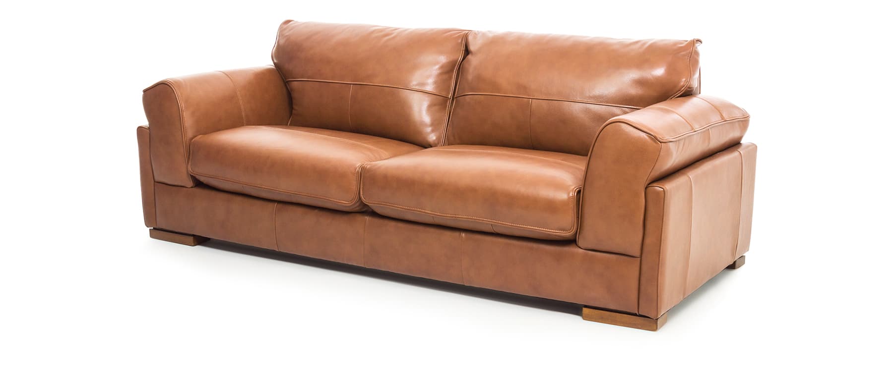 A two-seater sofa upholstered in rich camel-colored leather, featuring plush, relaxed cushions, rolled arms, and subtle wooden block feet. — 3D model