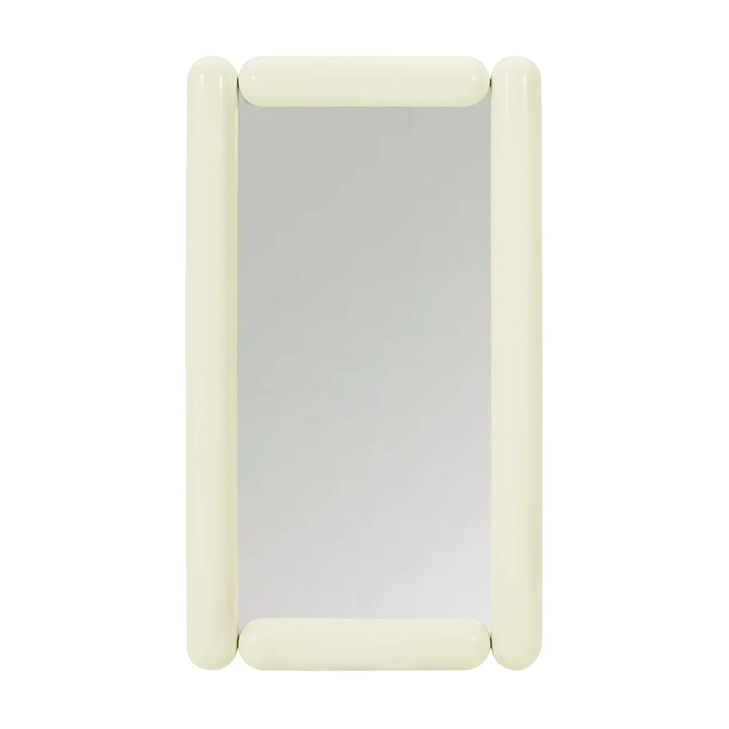 A rectangular wall mirror featuring a distinctively thick, tubular frame in a creamy off-white color. The frame consists of four separate, elongated cylindrical segments, with the vertical segments having rounded ends that meet the rounded ends of the shorter horizontal segments at each corner, creating a soft, continuous border around the reflective surface. — 3D model