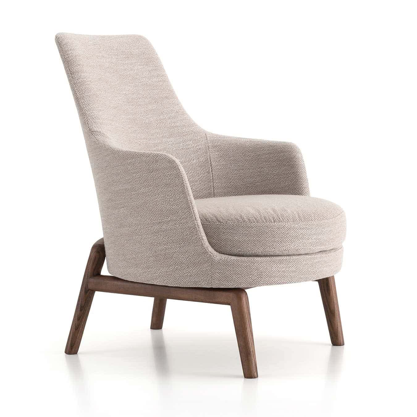 A modern armchair with a high, winged back and integrated armrests, upholstered in a textured fabric. The chair is supported by a dark wood frame with angled legs, creating a distinctive silhouette. The seat and back cushions appear to be plush, offering a comfortable seating experience. — 3D model