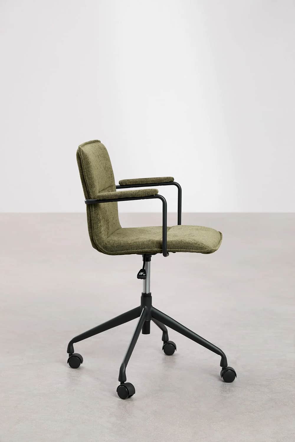 A modern office chair with a fabric-upholstered seat and backrest, supported by a black metal five-s… — 3D model