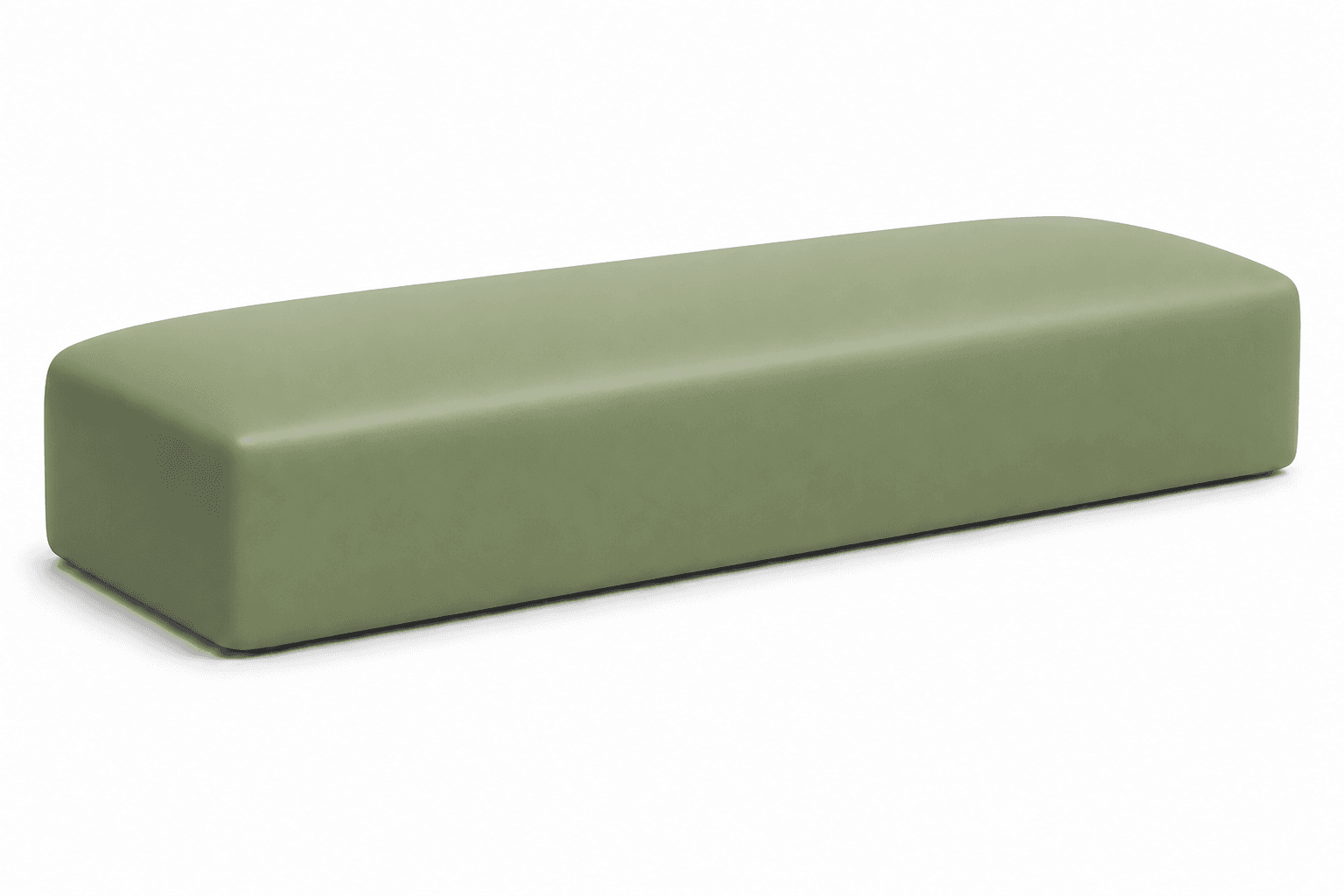 A minimalist, rectangular bench upholstered in a smooth, matte olive green material. It features softly rounded edges and a monolithic form, suggesting a contemporary design. The bench is low-profile and appears to be a single, solid block of seating without visible legs or separate cushioning, giving it a sleek and modern aesthetic. — 3D model