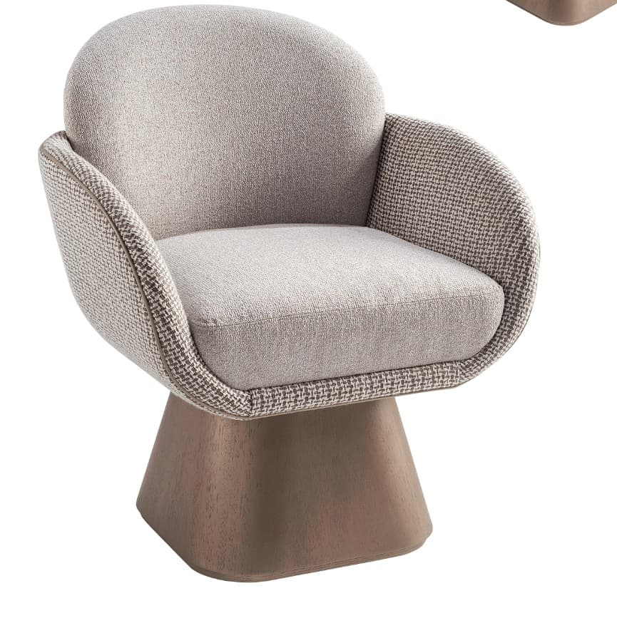 An upholstered barrel-back accent chair featuring a rounded silhouette, two-tone fabric upholstery, and a solid, tapered wooden pedestal base, likely with a swivel mechanism. — 3D model