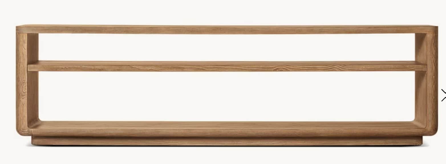 A low, elongated wooden console shelf with a minimalist design, featuring two horizontal tiers. The… — free BLEND 3D model