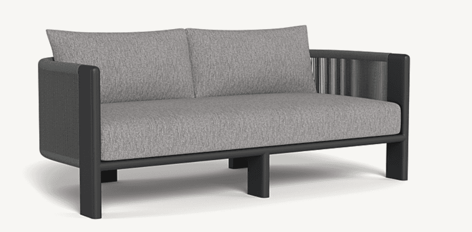 A modern two-seater sofa with a dark grey metal frame and light grey upholstered cushions. The armre… — 3D model