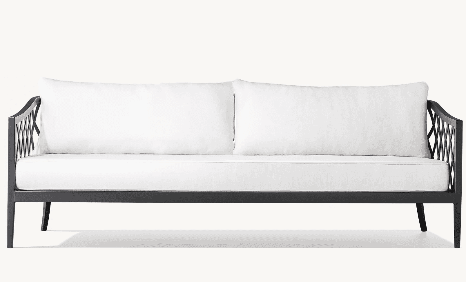 A two-seater sofa with a dark-colored metal frame and white cushions. The frame features an open, ge… — 3D model