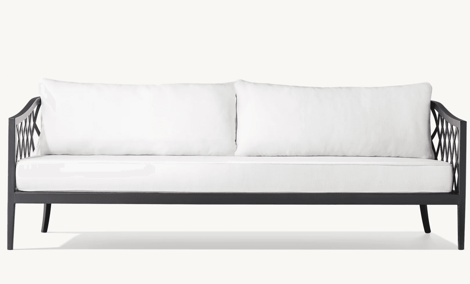 A two-seater sofa with a dark-colored metal frame and white cushions. The frame features an open, geometric lattice design on the armrests and a clean, linear structure for the base and legs. The seat and back are upholstered with plush white cushions. — 3D model