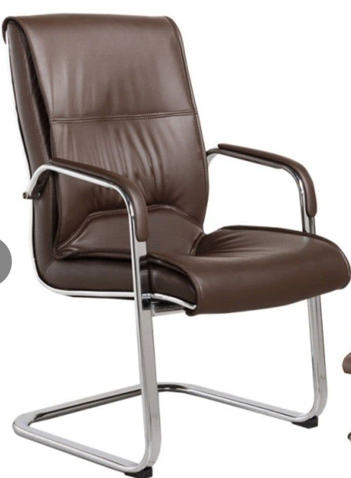 A modern office guest chair featuring a cantilever frame and upholstered in dark brown faux leather. The chair has a high backrest and padded armrests, with visible stitching details on the cushions. — 3D model