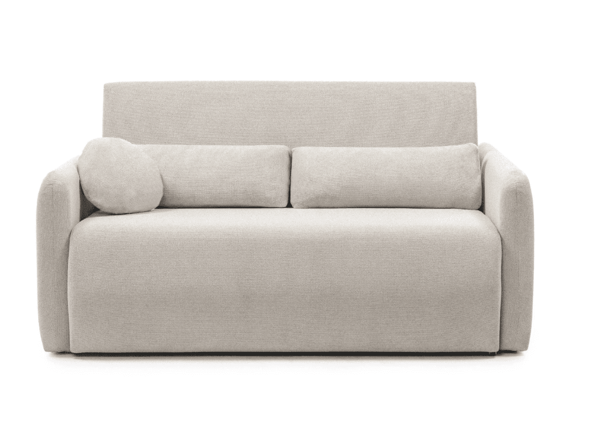 A modern, upholstered sofa with a light beige, textured fabric. It features a simple, boxy silhouett… — 3D model