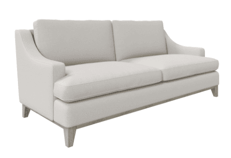 A two-seater sofa with a light-colored upholstered body and a light wood base and legs. The sofa features a low profile with slightly curved arms and two prominent seat cushions and back cushions. The base appears to be a continuous wooden frame connecting the legs. — 3D model