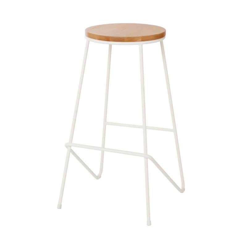 A modern bar stool featuring a round, light-colored solid wood seat atop a minimalist white powder-c… — 3D model