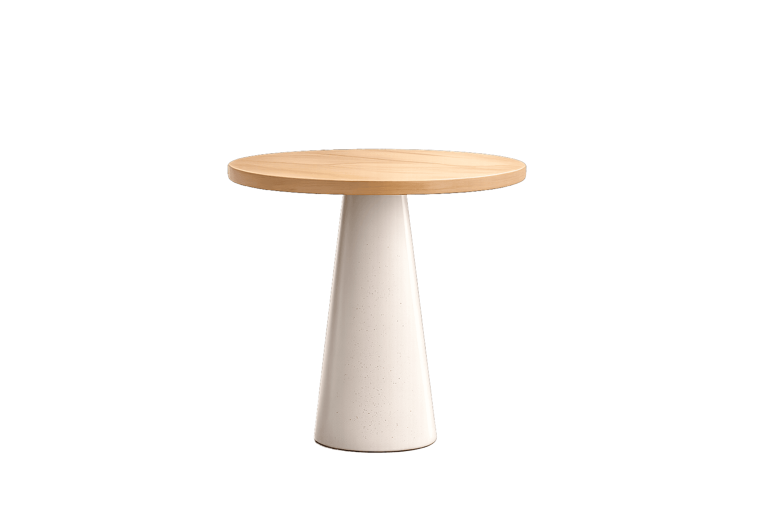 A modern pedestal side table featuring a round natural wood top and a conical, speckled off-white base. The design is minimalist and contemporary. — 3D model