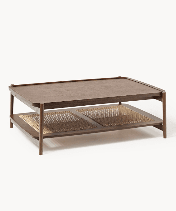 A rectangular coffee table featuring a solid dark wood top surface and a lower shelf with two sections of woven cane. The table stands on four sturdy wooden legs, and its design suggests a blend of classic and modern aesthetics. — 3D model