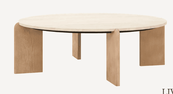 A minimalist round coffee table with a light-toned wooden top and unique blade-like leg supports. Th… — free GLB 3D model