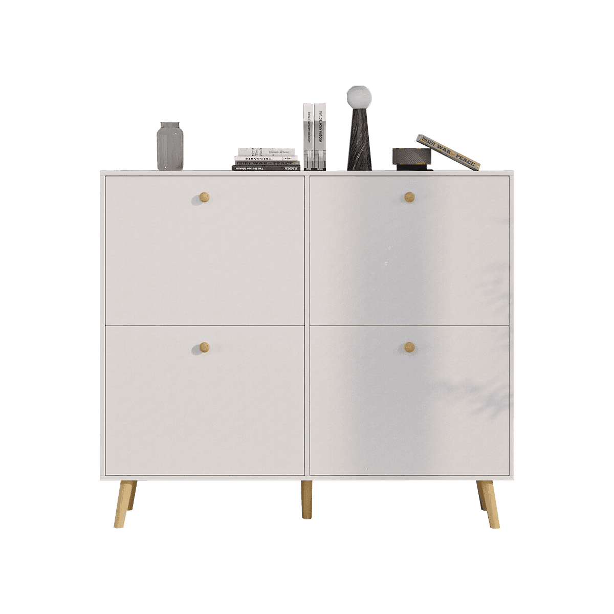 A compact, modern white shoe cabinet featuring four tilt-out compartments, each accented with a smal… — 3D model
