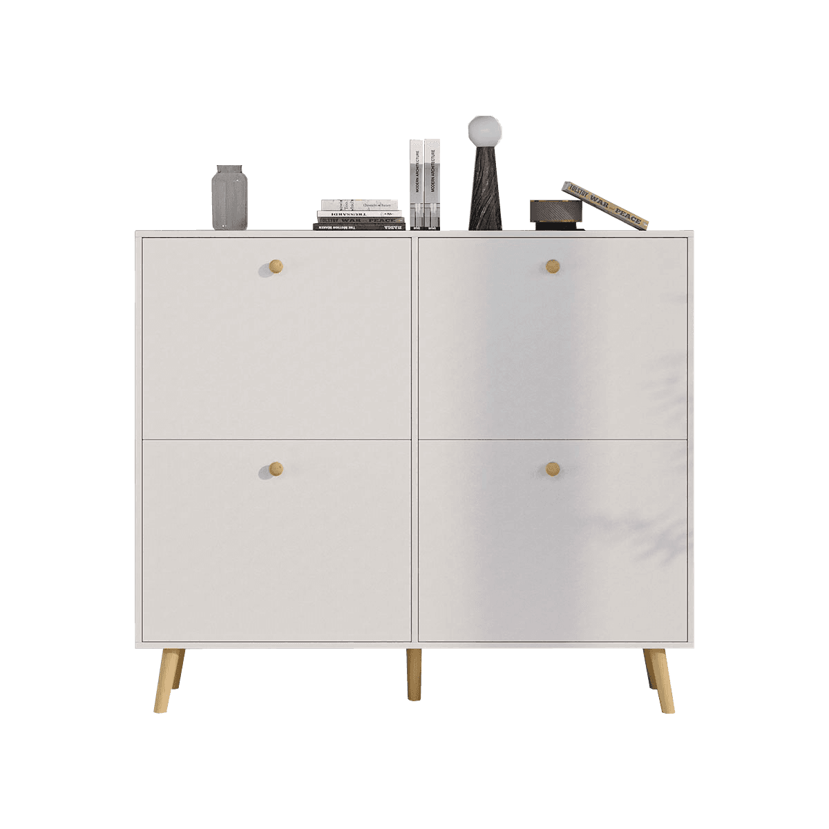 A compact, modern white shoe cabinet featuring four tilt-out compartments, each accented with a small brass-toned knob, supported by splayed natural wood legs. — 3D model
