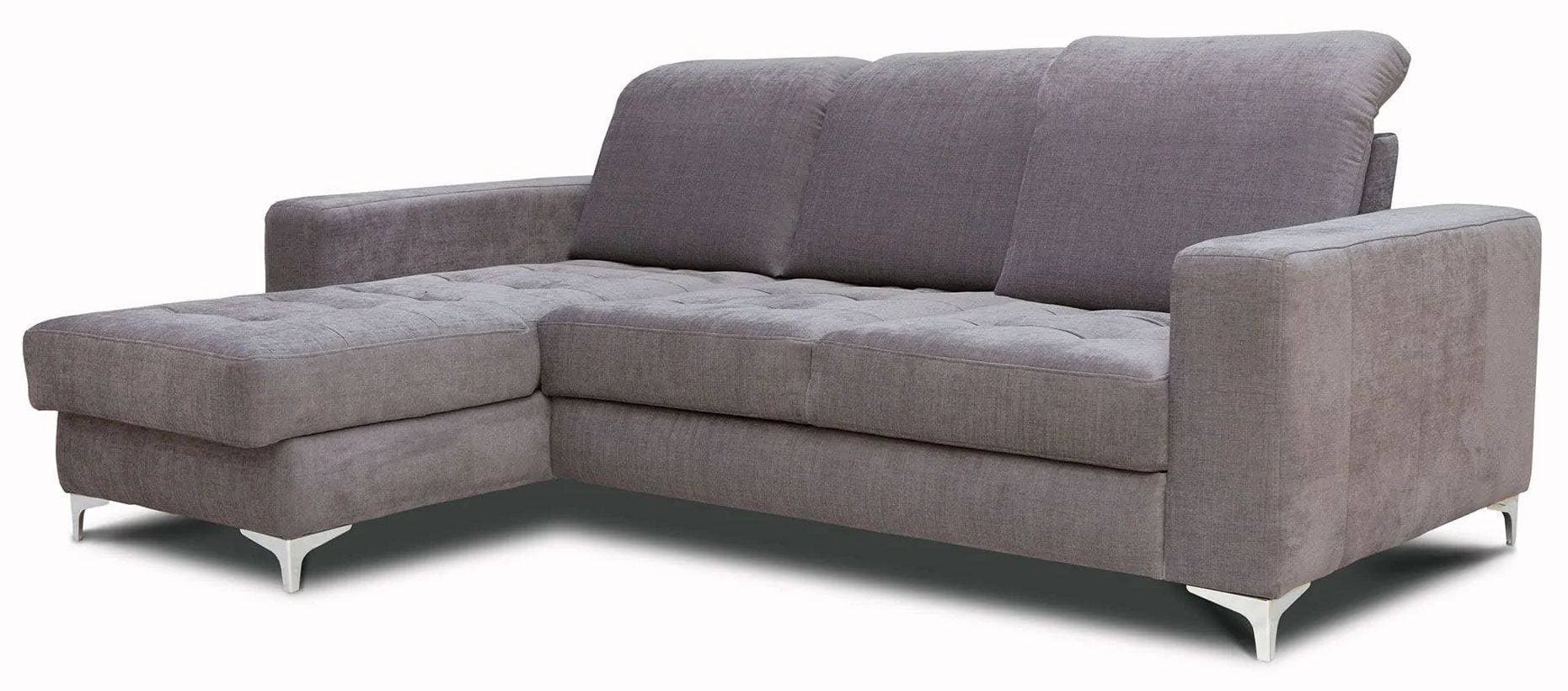 A contemporary sectional sofa upholstered in a textured grey fabric. It features a chaise lounge extension on the left side. The seat cushions are tufted with a grid pattern, and the back cushions are plush and slightly curved at the top. The sofa is supported by sleek, angled metal legs. — 3D model
