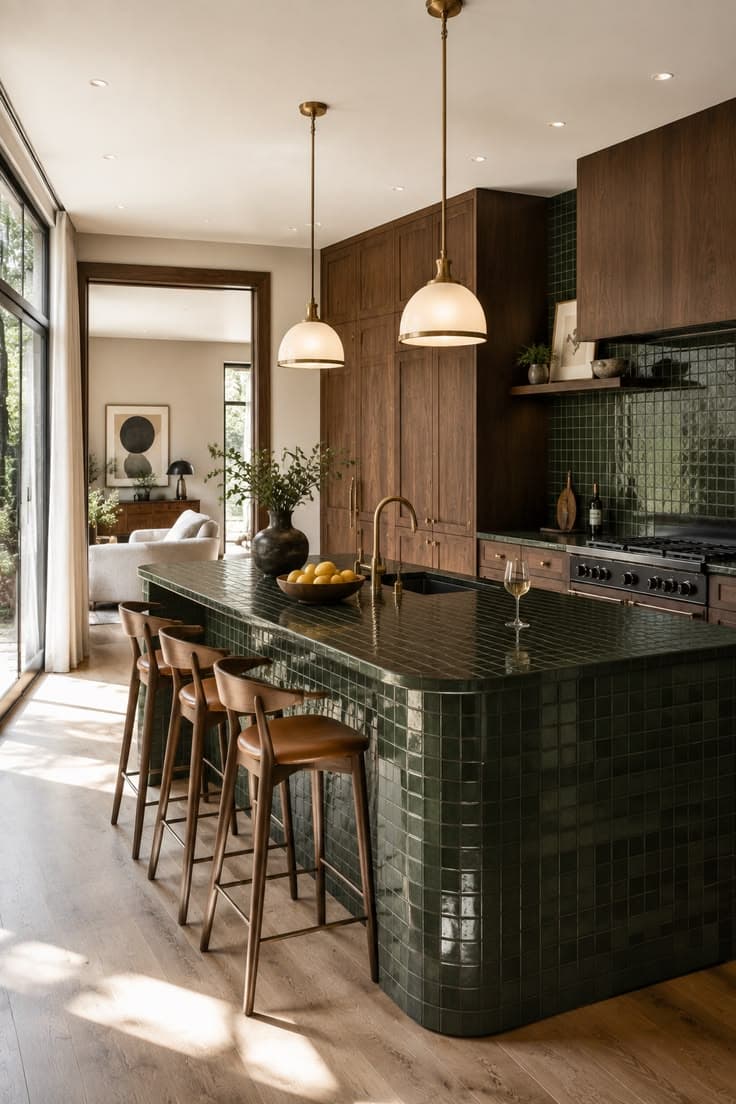 An aerial view of a rectangular kitchen island with rounded corners, entirely surfaced in small dark green mosaic tiles. It features an integrated dark grey sink basin with a gold/brass swan-neck faucet and separate handle. Three wooden bar stools with saddle-style seats are positioned along one side of the island. — 3D model