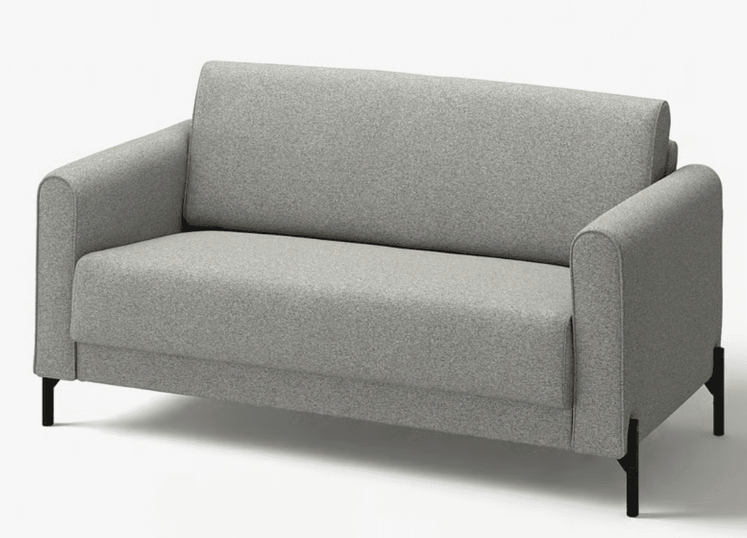 A modern two-seater loveseat sofa, upholstered in a light grey textured fabric. It features a minimalist design with slim, rounded armrests, a slightly angled backrest, and four slender black metal legs. The overall aesthetic is clean and contemporary. — 3D model