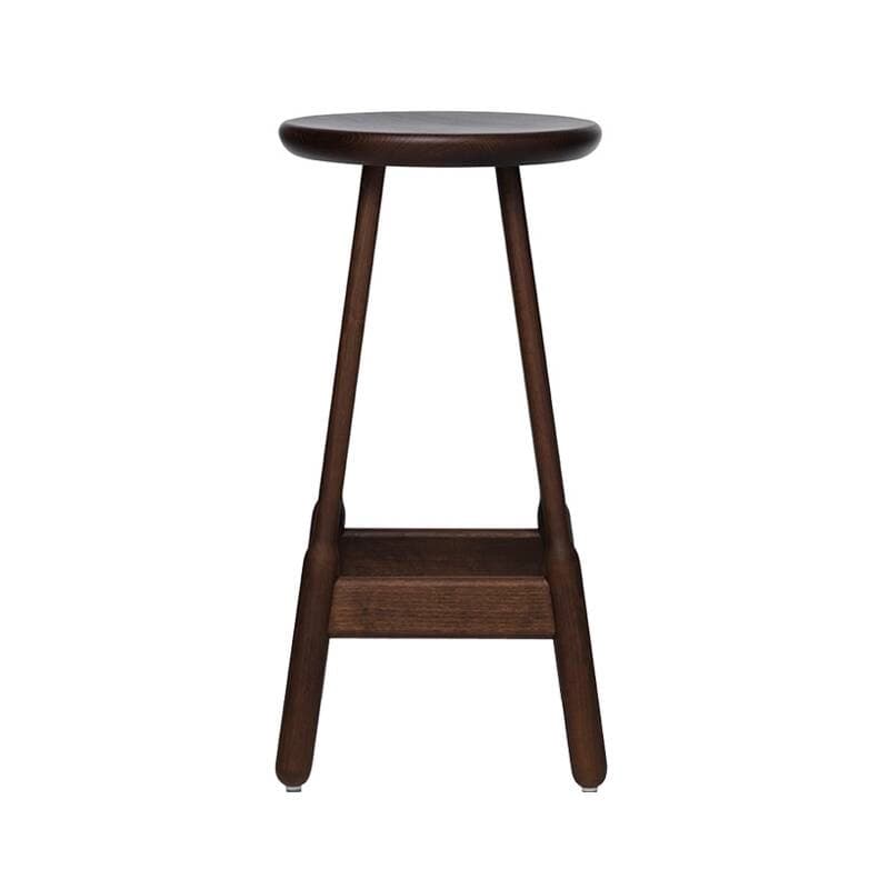 A dark wood stool with a circular seat and four tapered legs connected by a lower shelf. The legs are angled outwards and connected to the seat by a central support structure. The seat has a slightly rounded edge and a smooth finish. The lower shelf is rectangular and also made of wood. — 3D model