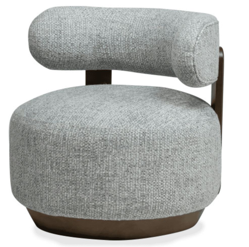 An armless contemporary accent chair featuring a plush, rounded light grey upholstered seat and a distinct cylindrical bolster backrest. The backrest is supported by a dark, visible frame, likely wood or metal, which extends down to integrate with the low, rounded dark base of the chair. The upholstery has a visible texture, resembling a bouclé or tightly woven fabric. — 3D model