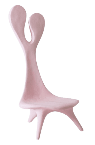A sculptural, single-piece chair in a light pink hue, featuring a distinctive organic form with a high backrest that bifurcates into two rounded, ear-like lobes. The seat is smoothly sculpted, merging seamlessly into four robust, rounded legs. The entire piece has a matte finish. — 3D model