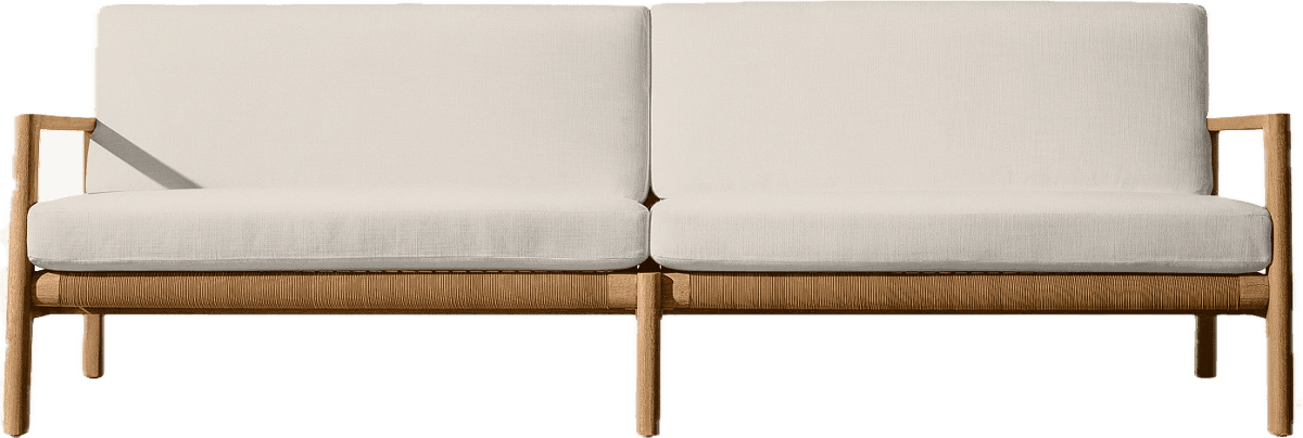 A modern two-seater sofa featuring an exposed light-toned wooden frame and plush, off-white upholstered cushions. The design is minimalist, with clean lines and visible joinery, suggesting a contemporary aesthetic. — 3D model