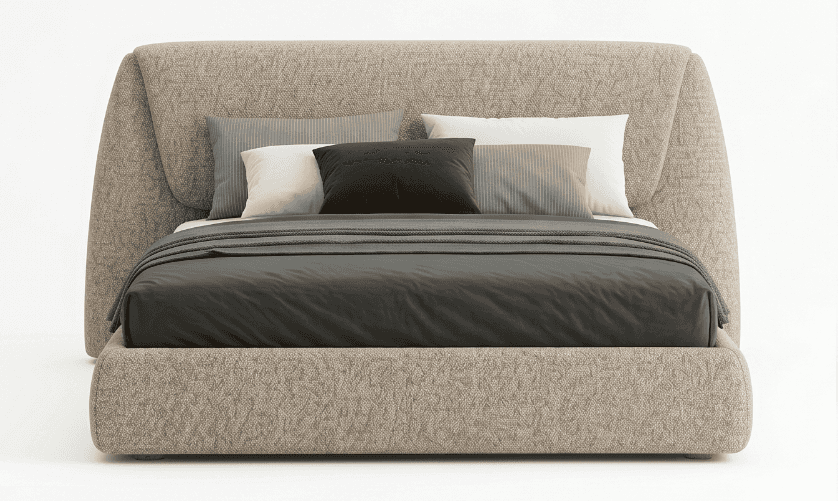 A modern upholstered platform bed featuring a low-profile frame and a distinctive, sculptural curved… — 3D model