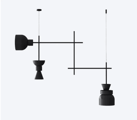 Two contemporary black pendant lights, featuring minimalist geometric forms. One has a wall-mounted component with a directional shade and a smaller hanging element, while the other is fully suspended with a bell-shaped shade and a clear base. Both integrate linear black rods into their design. — 3D model