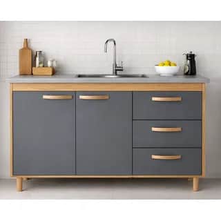 A modern, freestanding kitchen sink cabinet featuring a grey countertop with an integrated stainless… — 3D model