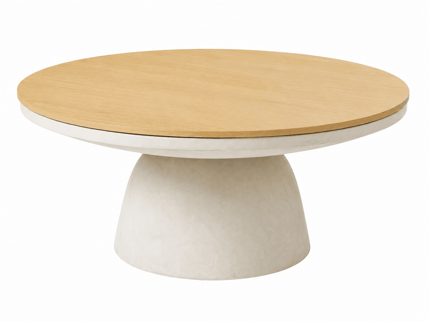 A round coffee table featuring a light-toned wooden top and a sturdy, textured concrete-effect pedestal base with an organic, sculptural form. — 3D model